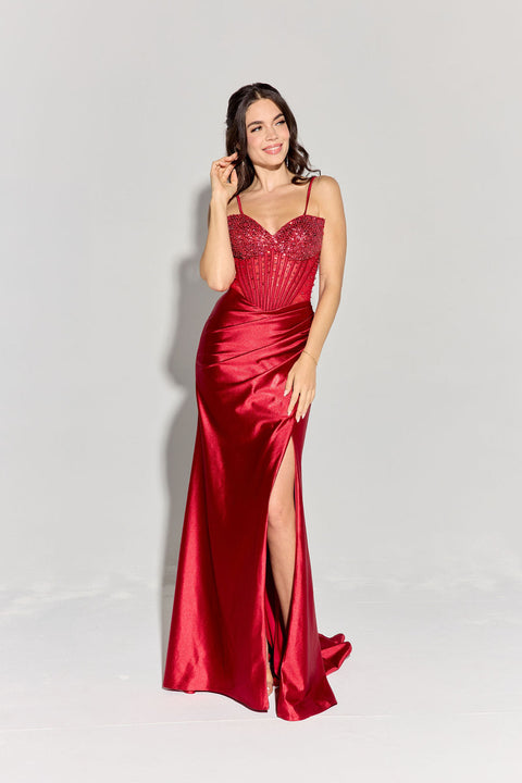 Eureka EK183 beaded satin strapless slit gown — BURGUNDY2