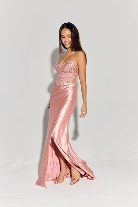 Eureka EK183 beaded satin strapless slit gown — DUSTYROSE