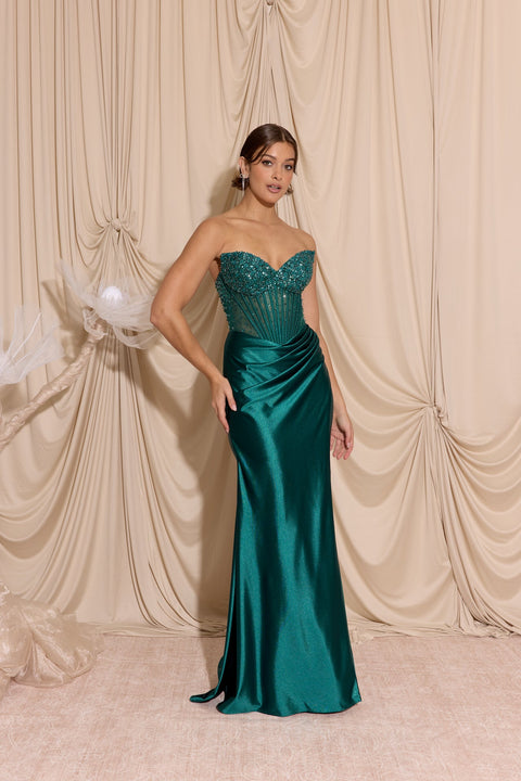 Eureka EK183 beaded satin strapless slit gown — EMERALDGREEN 2