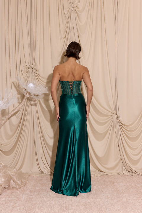 Eureka EK183 beaded satin strapless slit gown — EMERALDGREEN