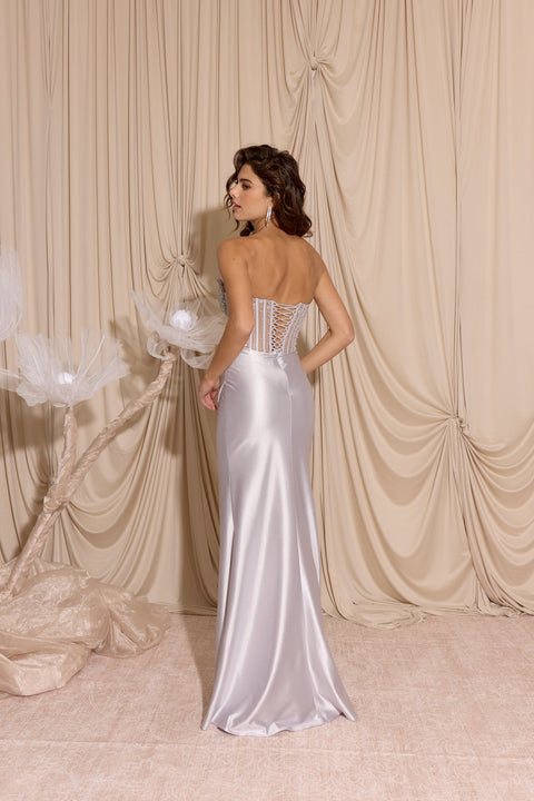 Eureka EK183 beaded satin strapless slit gown — PLATINUM 1
