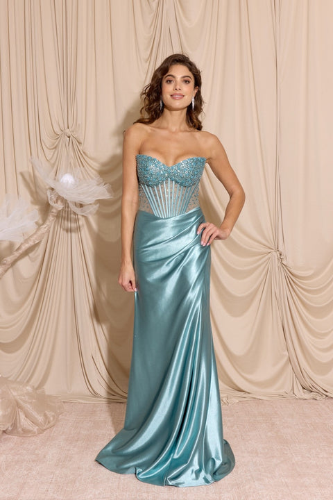 Eureka EK183 beaded satin strapless slit gown — SEAGLASS