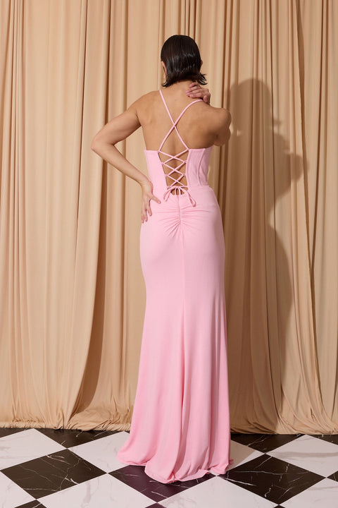 Eureka EK186 glitter jersey fitted cowl slit gown — PINK 7