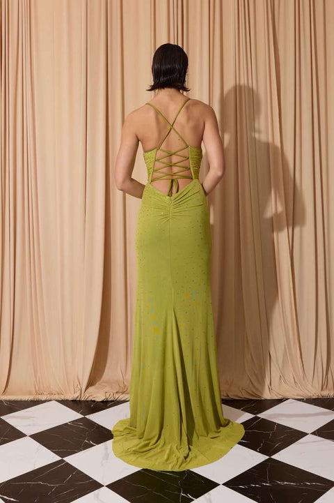 Eureka EK187B beaded jersey sleeveless slit gown — WASABI 1
