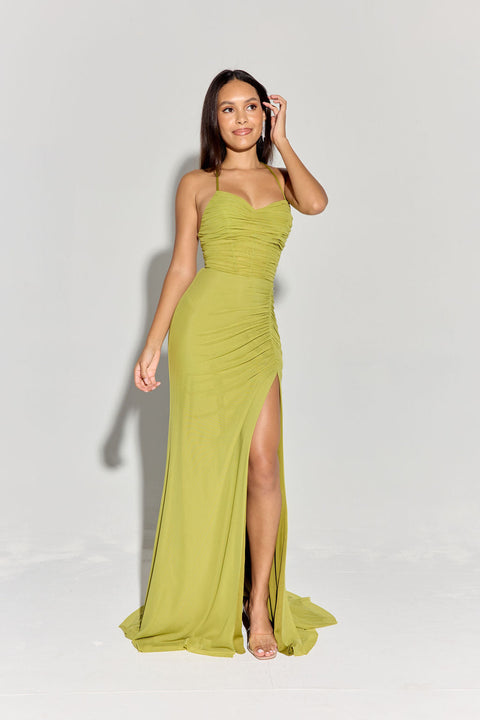 Eureka EK187 jersey fitted sleeveless slit gown — WASABI 3