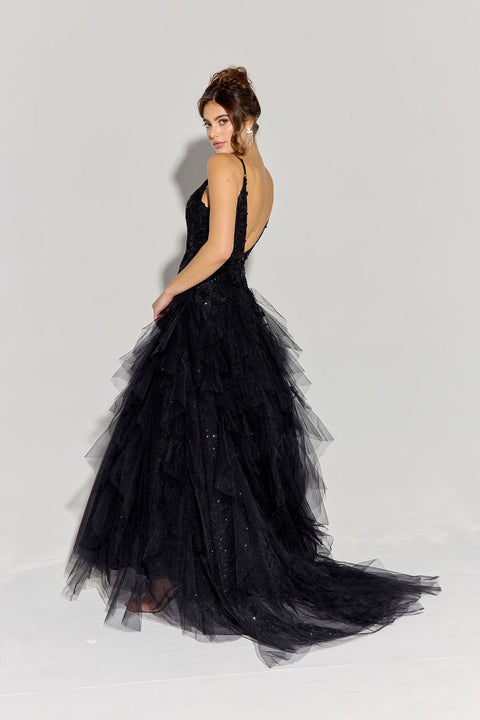 Eureka EK188 applique v-neck a-line tiered gown — BLACKBACK