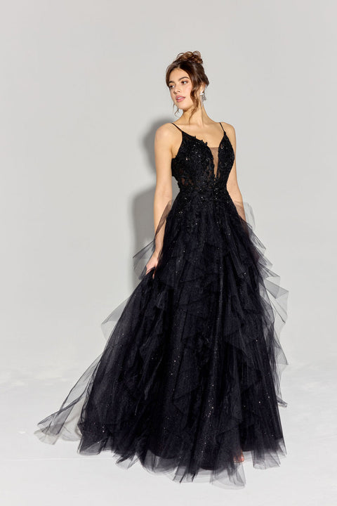 Eureka EK188 applique v-neck a-line tiered gown — BLACK