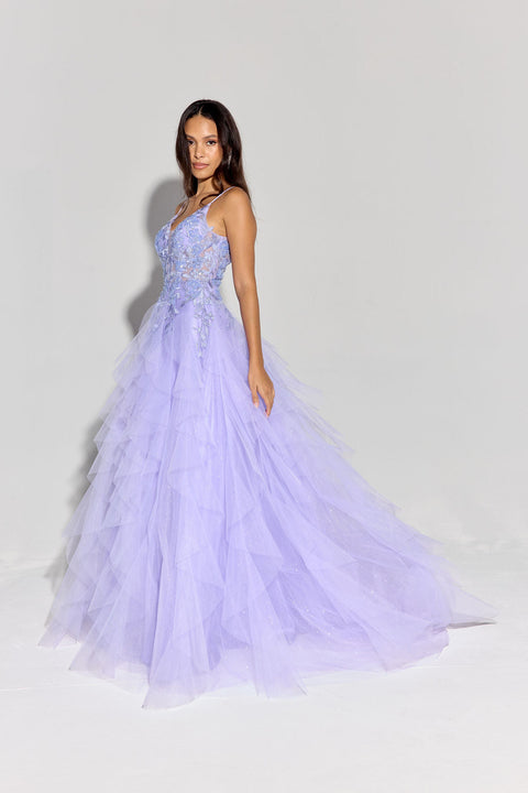 Eureka EK188 applique v-neck a-line tiered gown — PERIWINKLE