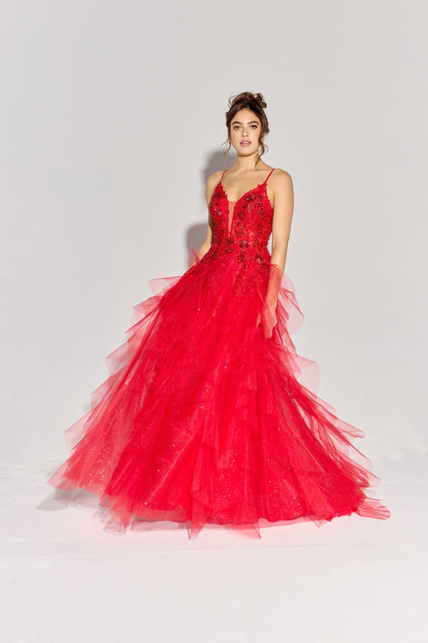 Eureka EK188 applique v-neck a-line tiered gown — RED2