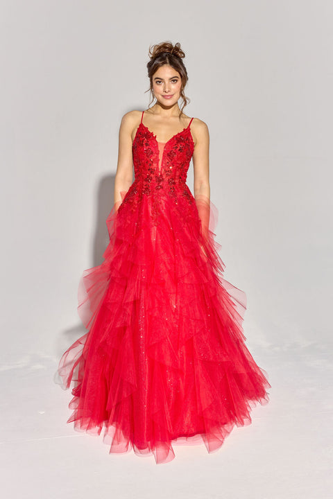 Eureka EK188 applique v-neck a-line tiered gown — RED