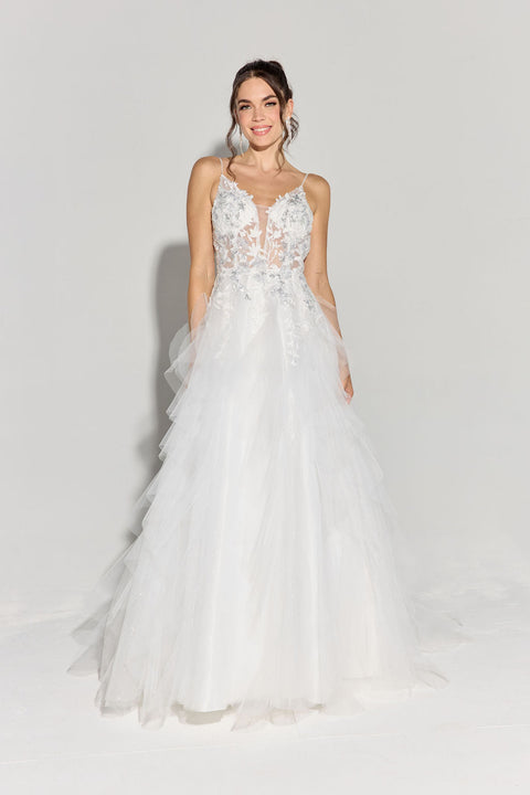 Eureka EK188 applique v-neck a-line tiered gown — WHITE 2