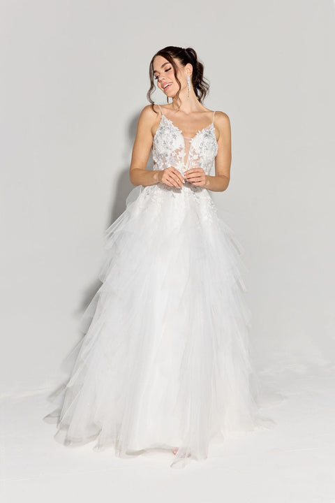 Eureka EK188 applique v-neck a-line tiered gown — WHITE 3