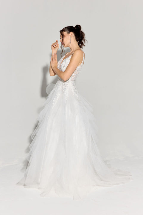 Eureka EK188 applique v-neck a-line tiered gown — WHITE