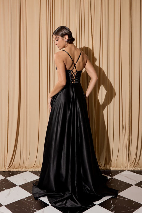 Eureka EK190 satin sleeveless a-line slit gown — BLACK 1