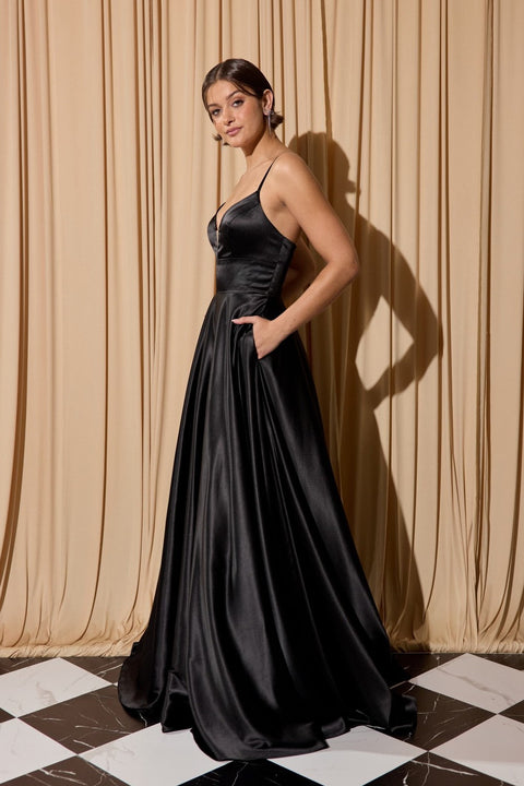 Eureka EK190 satin sleeveless a-line slit gown — BLACK 2