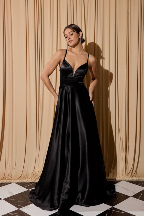 Eureka EK190 satin sleeveless a-line slit gown — BLACK