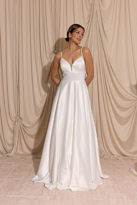 Eureka EK190 satin sleeveless a-line slit gown — OFFWHITE 2