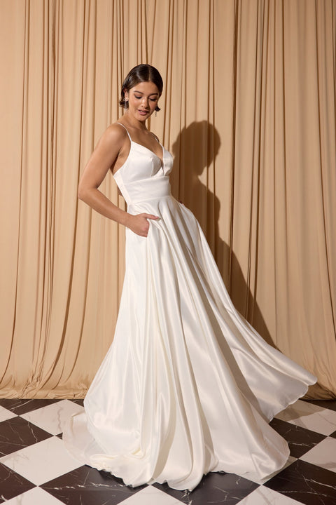 Eureka EK190 satin sleeveless a-line slit gown — OFFWHITE