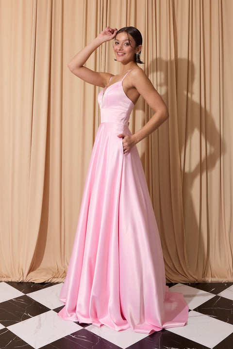 Eureka EK190 satin sleeveless a-line slit gown — PINK 3