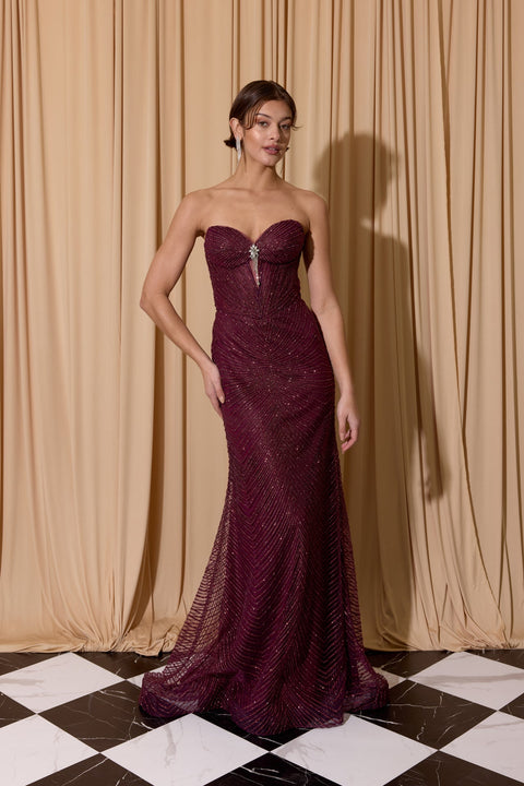 Eureka EK195 glitter fitted strapless corset gown — merlot