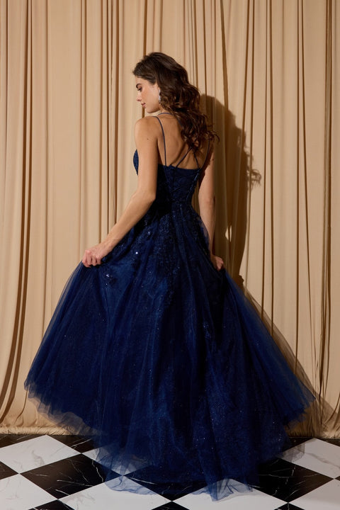Eureka EK197 applique sleeveless a-line gown — NAVY 1