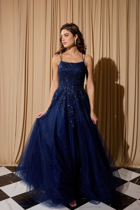 Eureka EK197 applique sleeveless a-line gown — NAVY