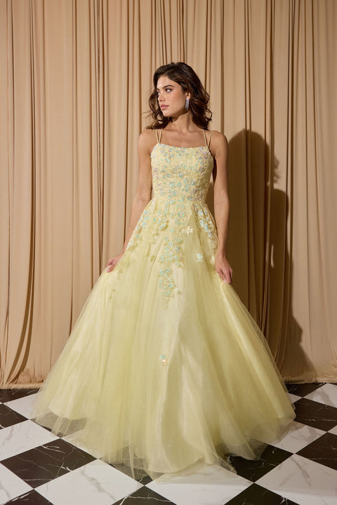 Eureka EK197 applique sleeveless a-line gown — SoftYellow