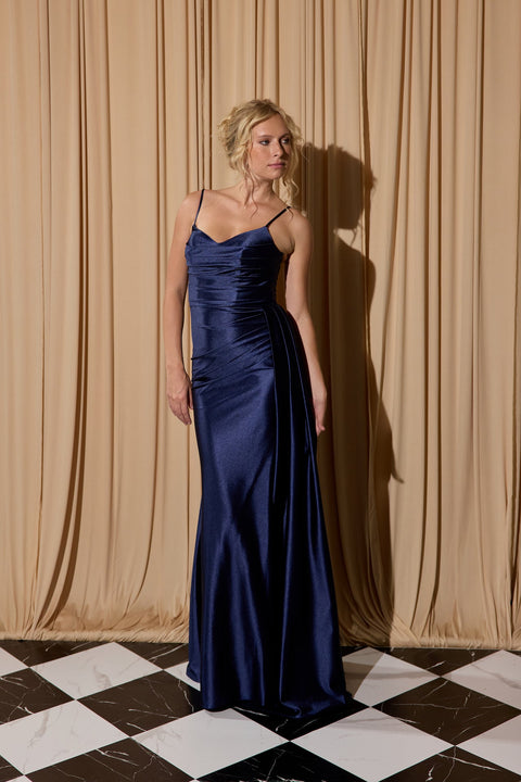 Eureka EK199 satin fitted sleeveless slit gown — NAVY