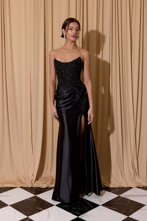Eureka EK202 applique satin strapless slit gown — BLACK 4