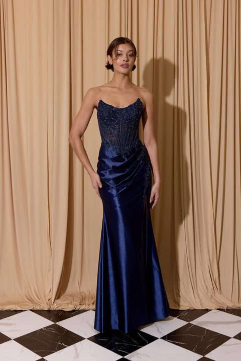 Eureka EK202 applique satin strapless slit gown — NAVY