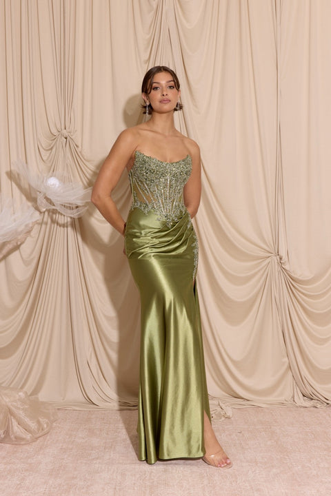 Eureka EK202 applique satin strapless slit gown — SAGE 2