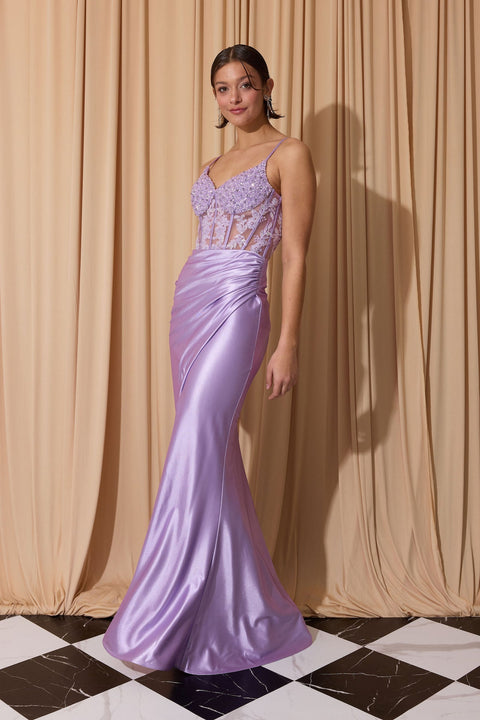 Eureka EK203 applique satin sleeveless slit gown — LILAC