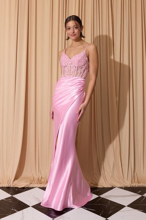 Eureka EK203 applique satin sleeveless slit gown — PINK