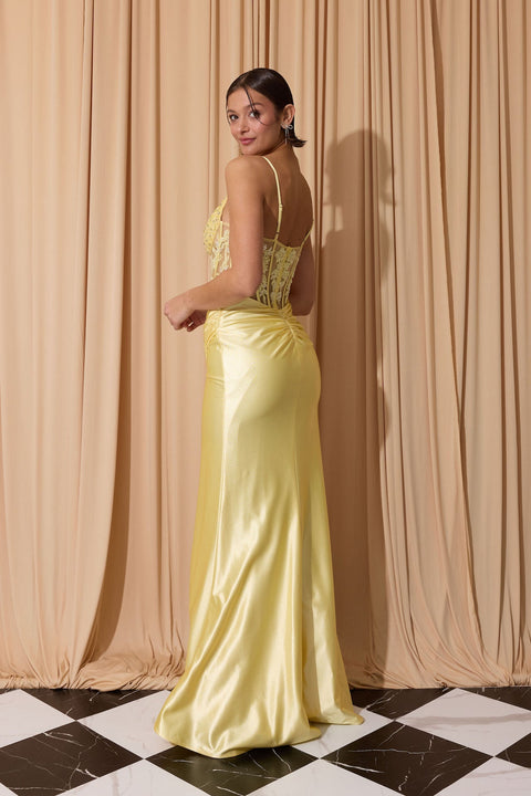 Eureka EK203 applique satin sleeveless slit gown — SOFTYELLOW 2
