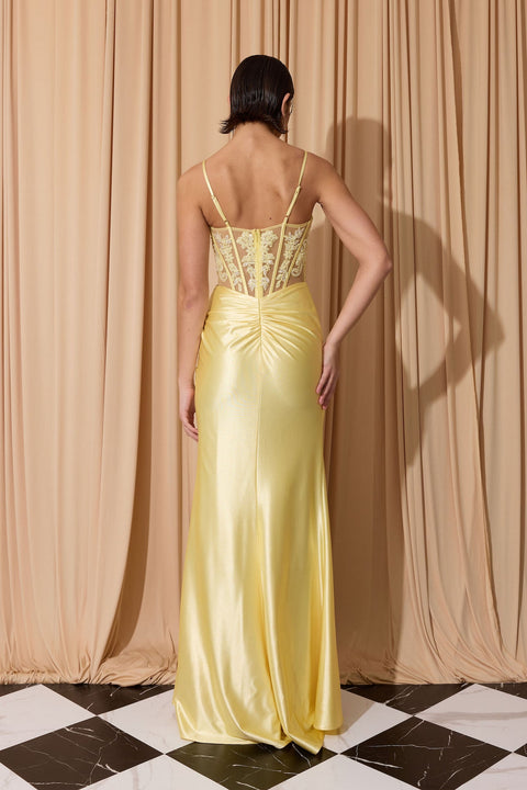 Eureka EK203 applique satin sleeveless slit gown — SOFTYELLOW 3