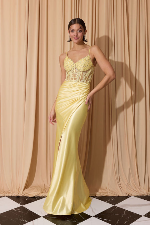 Eureka EK203 applique satin sleeveless slit gown — SOFTYELLOW