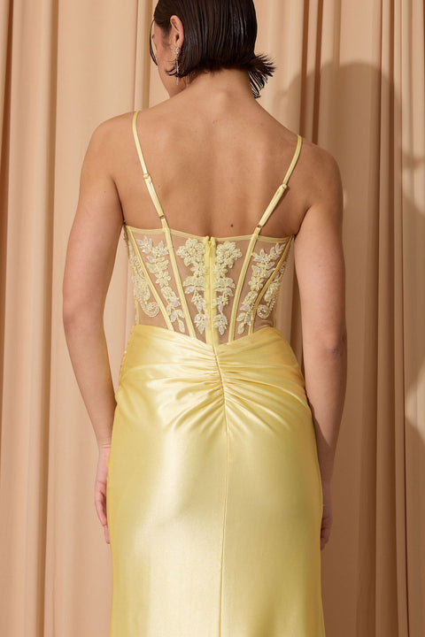 Eureka EK203 applique satin sleeveless slit gown — SOFTYELLOW 4