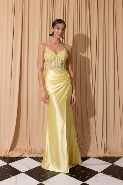 Eureka EK203 applique satin sleeveless slit gown — SOFTYELLOW 5