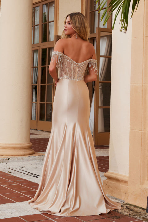 Nox Anabel F1568 Off-Shoulder Satin Gown with Beaded Fringe