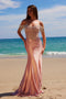 Nox Anabel F1568 Off-Shoulder Satin Gown with Beaded Fringe