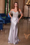 Nox Anabel F1568 Off-Shoulder Satin Gown with Beaded Fringe