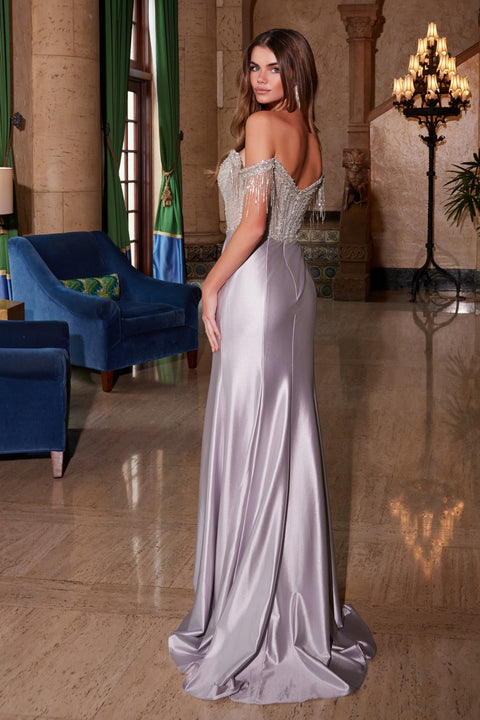Nox Anabel F1568 Off-Shoulder Satin Gown with Beaded Fringe