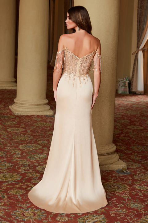 Nox Anabel F1571 Off-Shoulder Satin Gown with Beaded Fringe