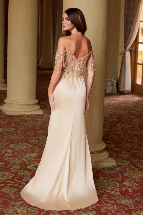 Nox Anabel F1571 Off-Shoulder Satin Gown with Beaded Fringe