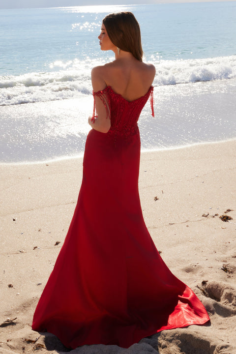 Nox Anabel F1571 Off-Shoulder Satin Gown with Beaded Fringe