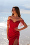 Nox Anabel F1571 Off-Shoulder Satin Gown with Beaded Fringe
