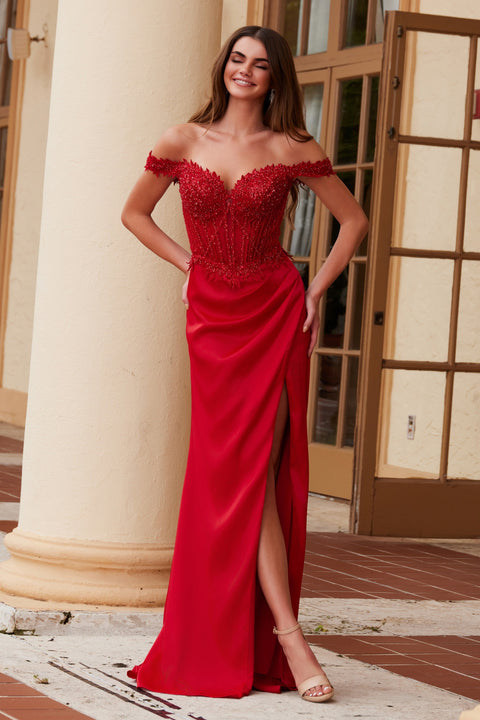 Nox Anabel F1572 Off-Shoulder Satin Gown with Applique Detailing