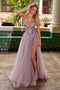 Nox Anabel G1649 V-Neck Appliqué A-Line Gown with Slit