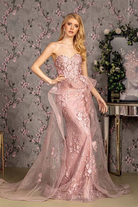 GLS Gloria GL3257 Fitted 3D Floral Strapless Overskirt Gown
