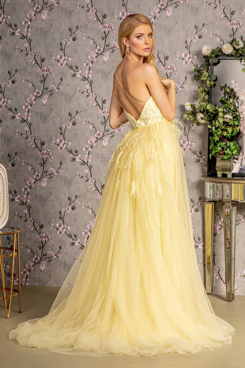 GLS Gloria GL3278 Fitted One Shoulder Feather Slit Gown